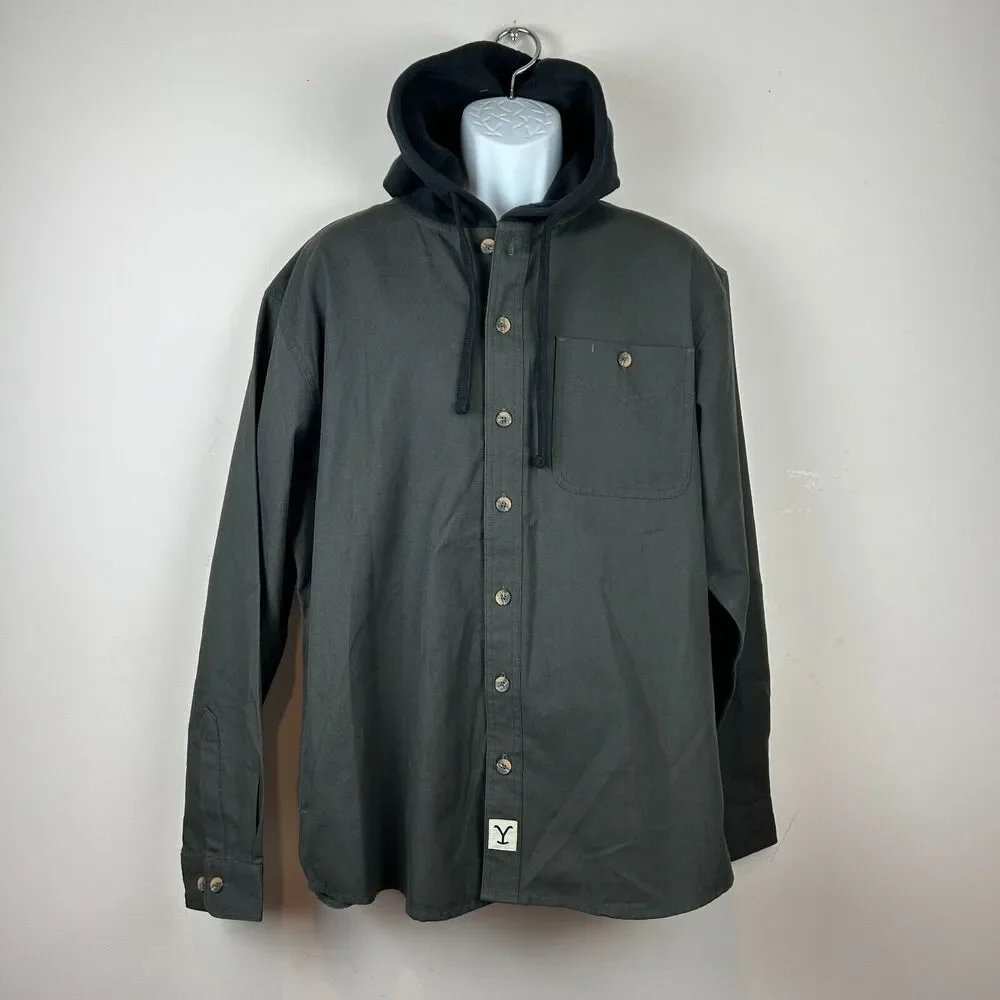 Yellow Stone TV Show Dark Green Chore Shirt Black Fleece Hood Size Large New